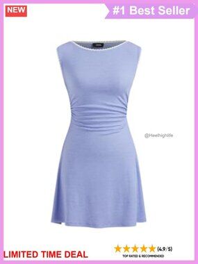 Women's Summer Mini Dress Boat Neck Sleeveless Ruched Tie Back Casual